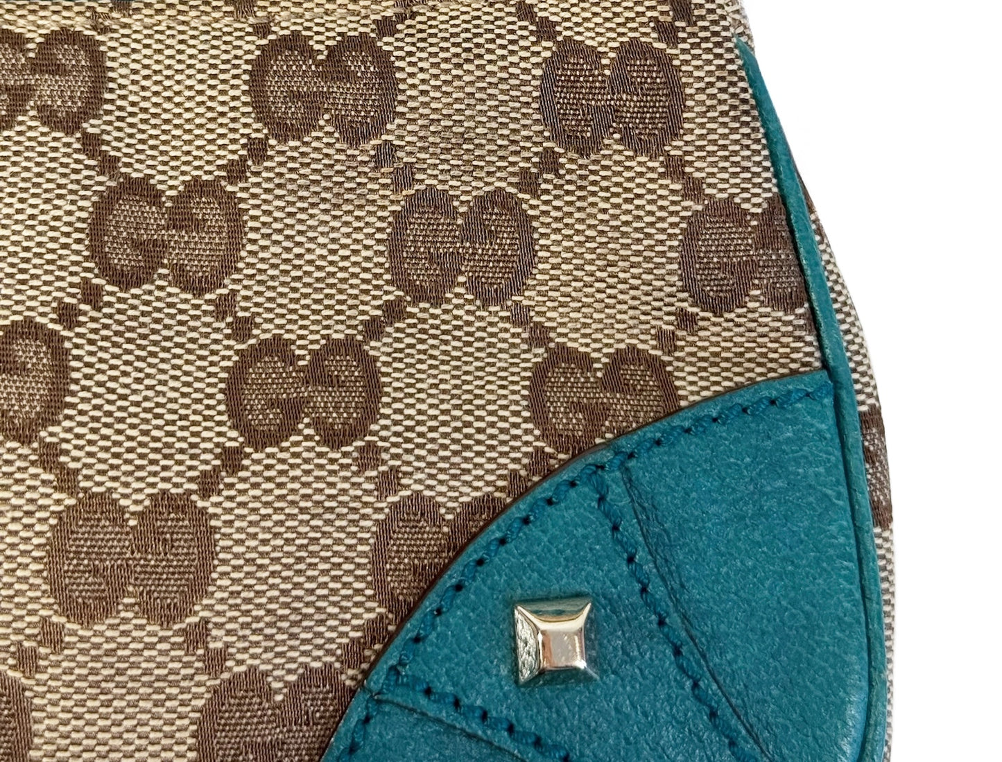 Gucci Vintage Brown GG Monogram Turquoise Leather Trim Chain Link Studded Shoulder Pochette Bag
