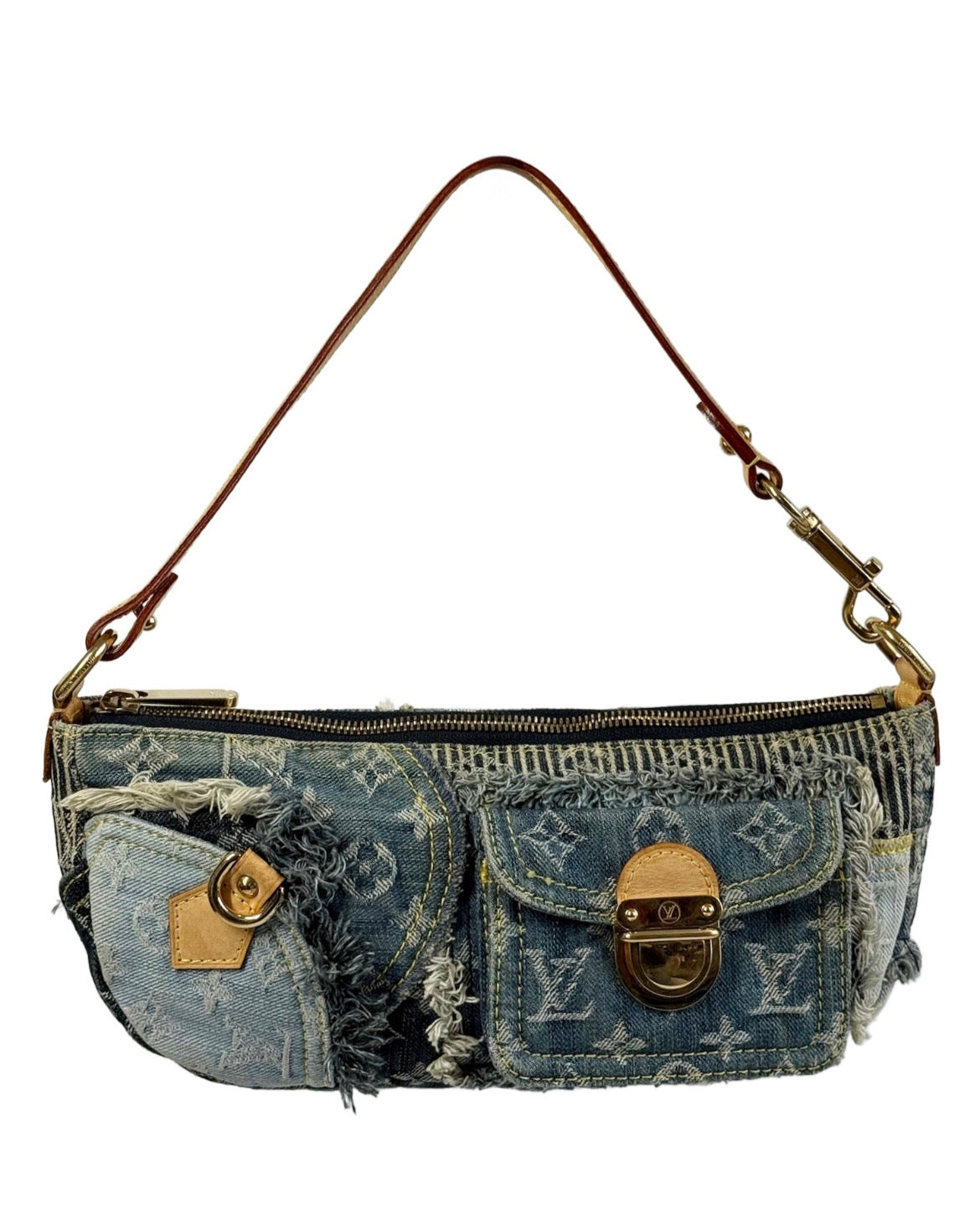 Louis Vuitton Vintage 2007 Blue Denim Monogram Patchwork Shoulder Pochette Bag
