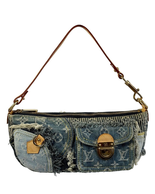 Louis Vuitton Vintage 2007 Blue Denim Monogram Patchwork Shoulder Pochette Bag