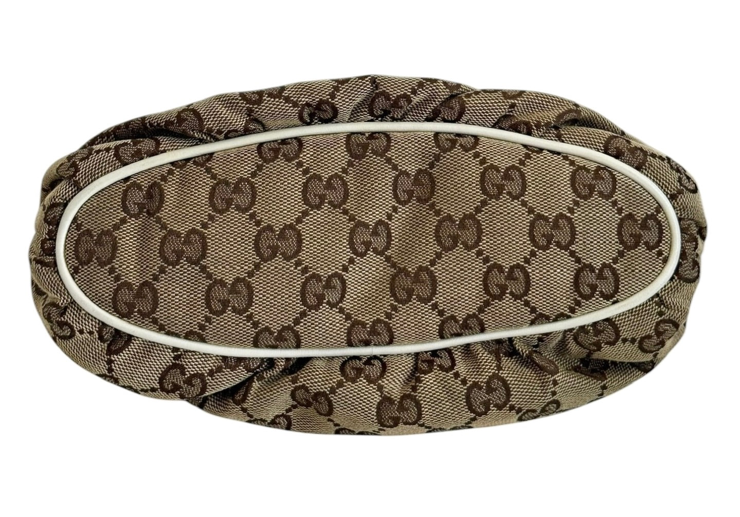 Gucci Vintage Brown GG Monogram Ivory Leather Trim Striped Pull Ruffle Small Pochette Bag