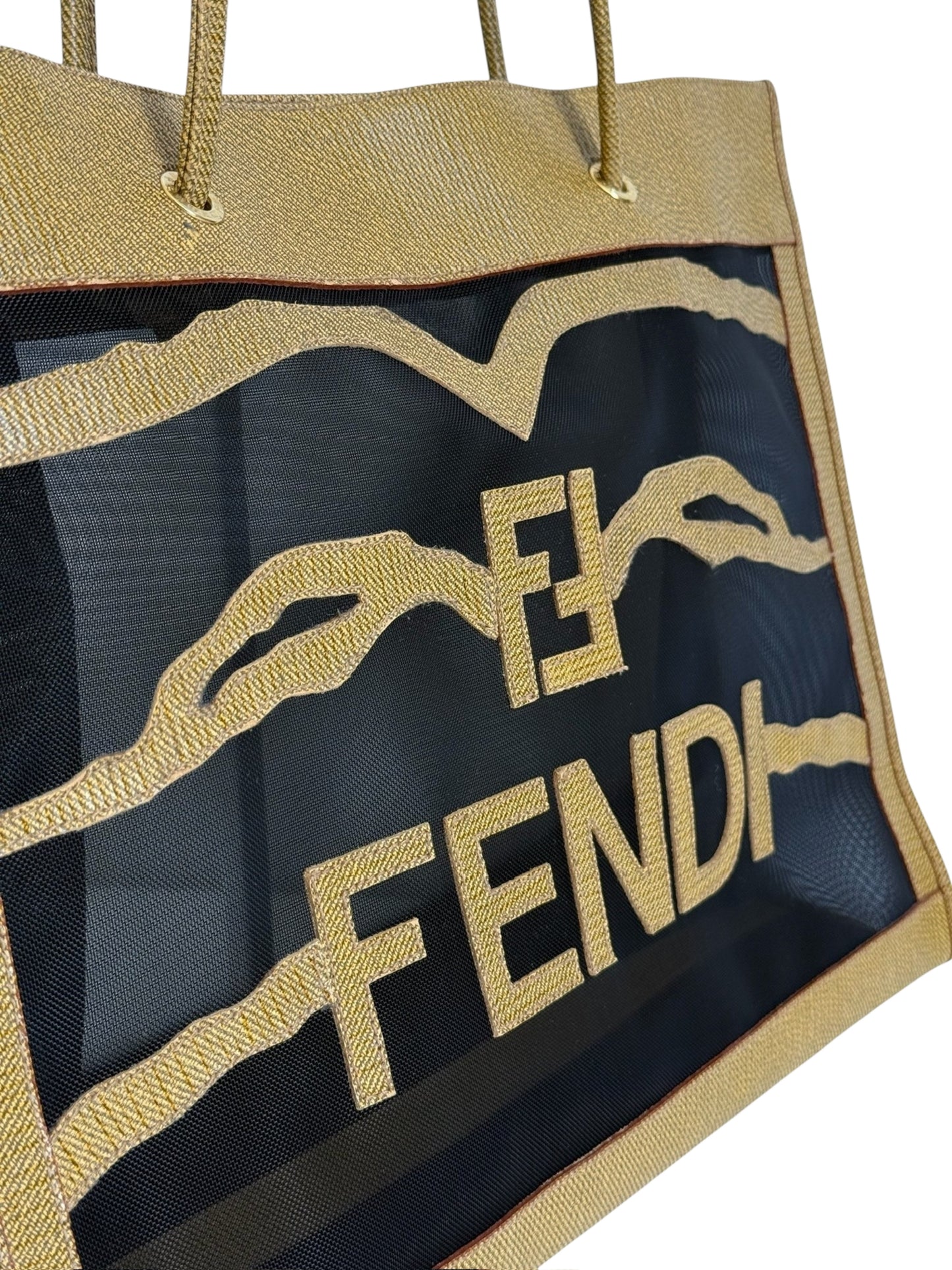 Fendi Vintage Mesh Logo Canvas Shoulder Bag Beach Tote