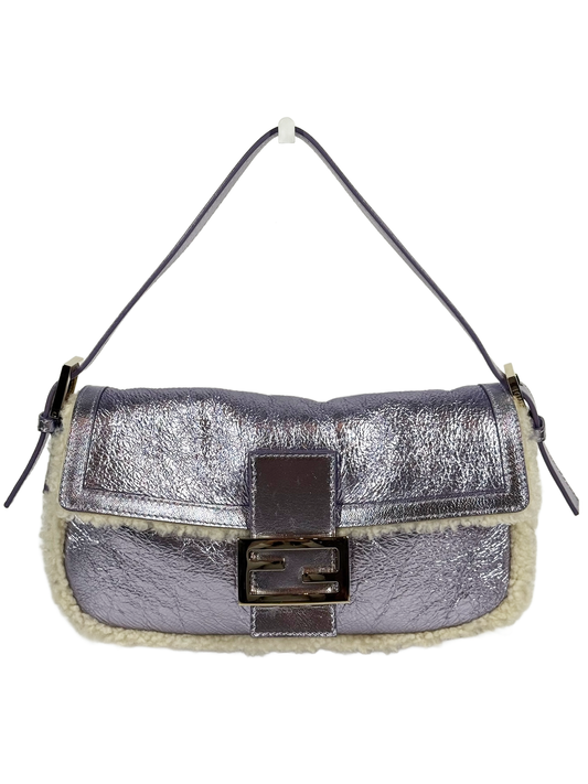 Fendi Metallic Purple Calfskin Shearling Trim Shoulder Baguette