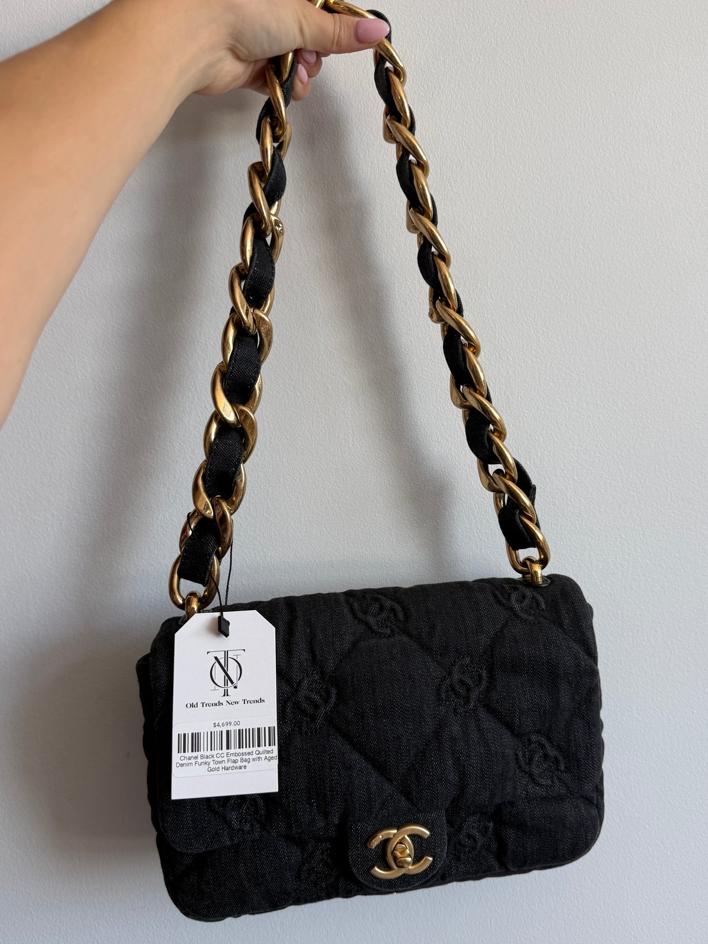Chanel Black CC Embossed Quilted Denim Funky Town Flap Bag with Aged Gold Hardware