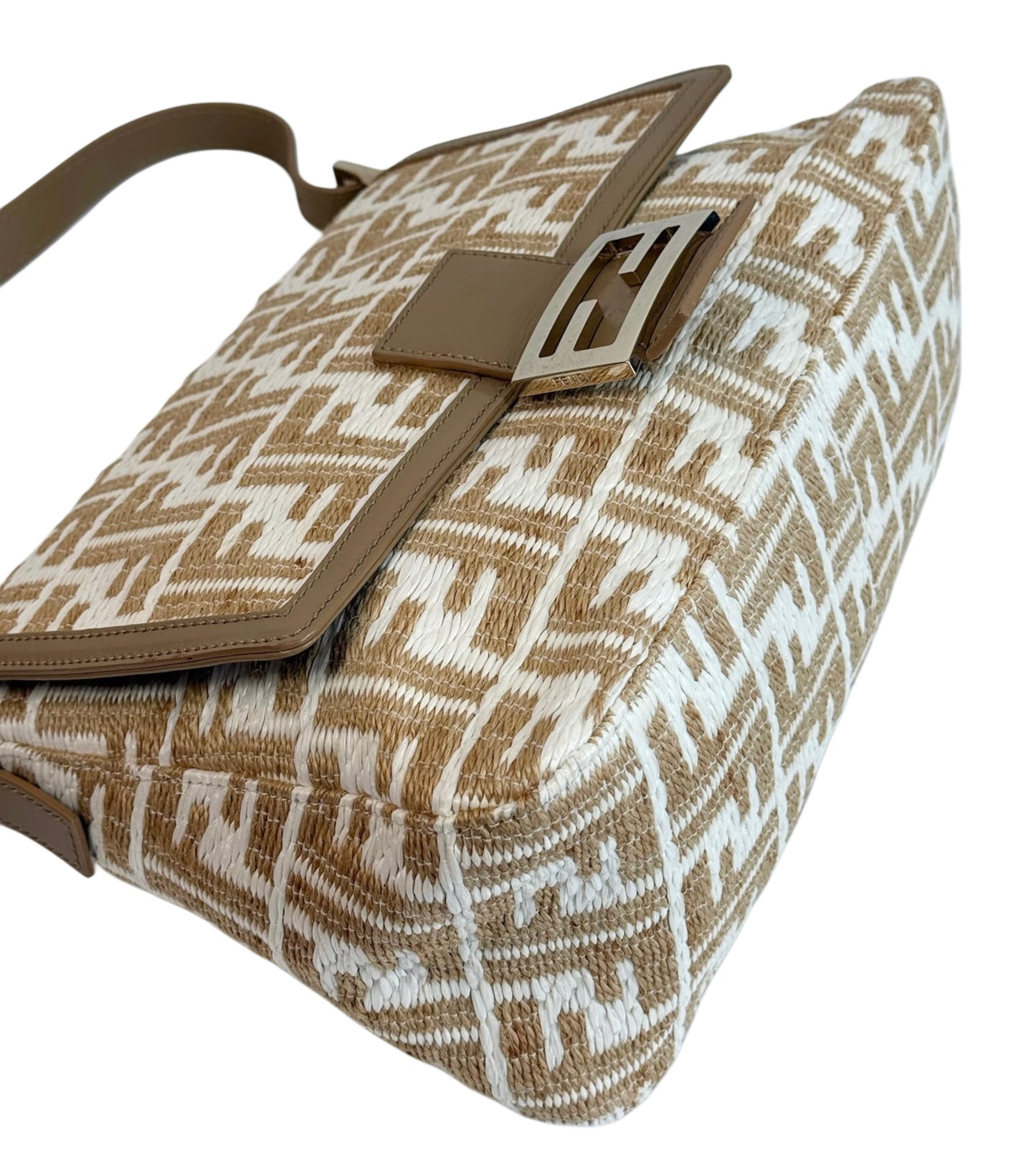 Fendi Vintage Beige & White Raffia Zucca Monogram Mamma Baguette Shoulder Bag