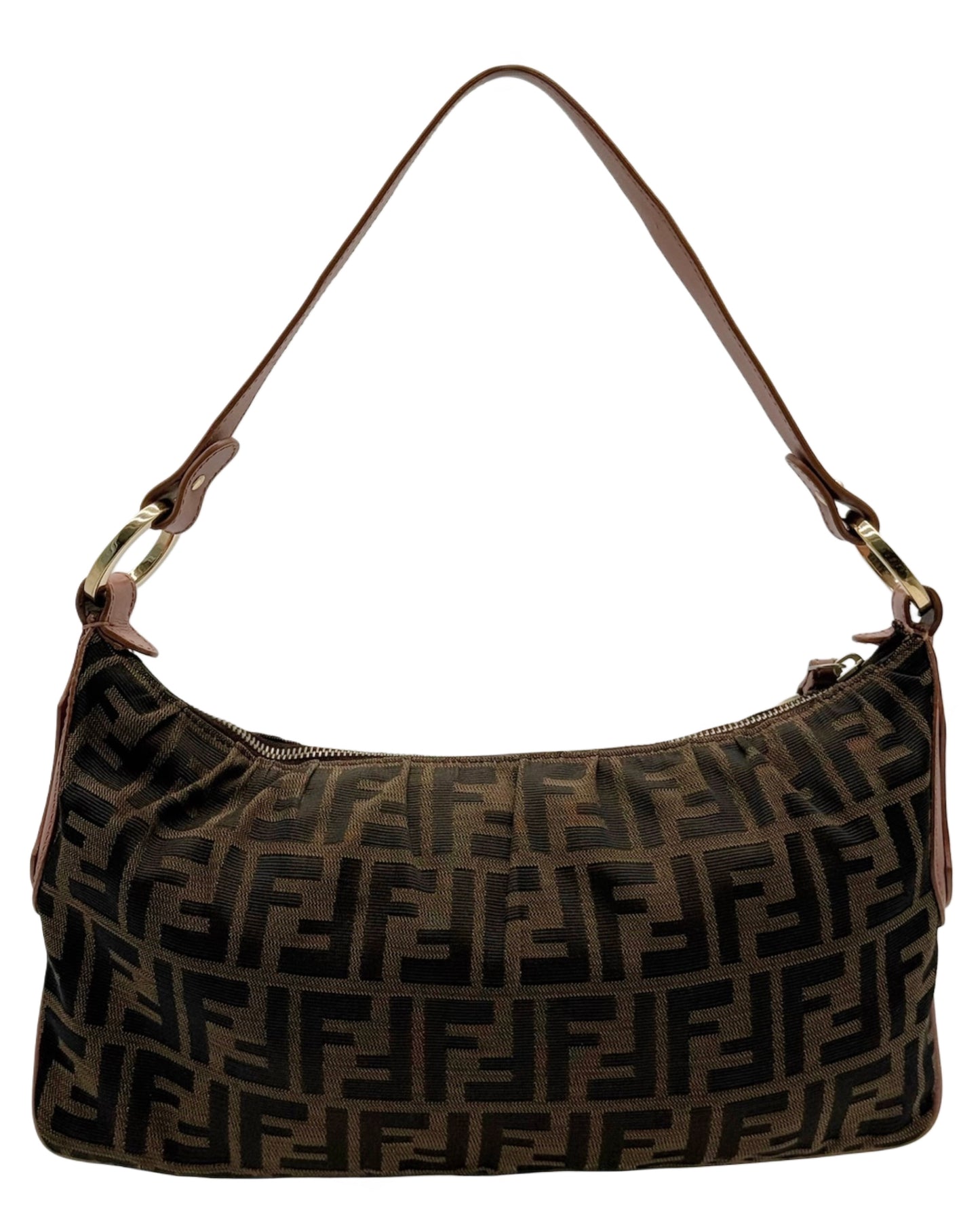 Fendi Vintage Brown Zucca Monogram O Ring Large Pochette Shoulder Bag w Mauve Pink Leather Trim