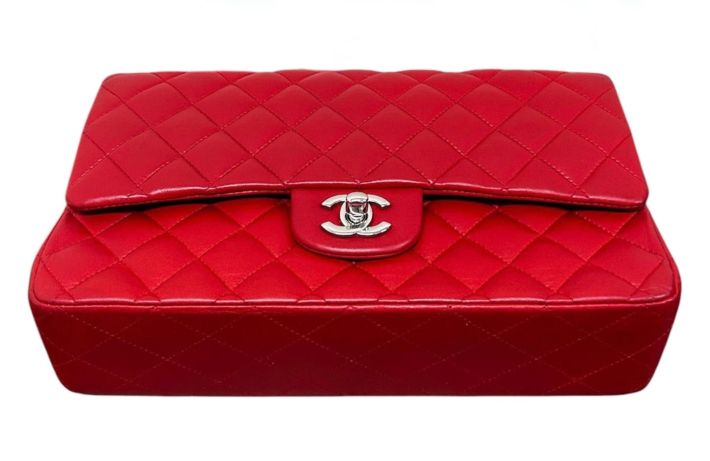 Chanel Red Quilted Lambskin Medium Classic Double Flap Bag with Silver Hardware