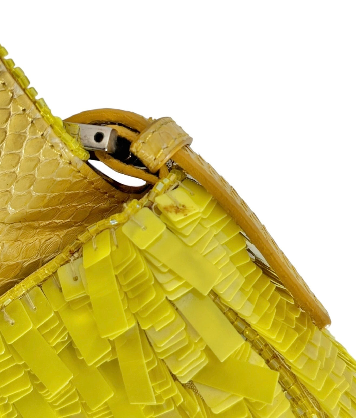 Fendi Vintage Neon Yellow Palliates Sequin Beaded Shoulder Baguette Bag with Python Trim