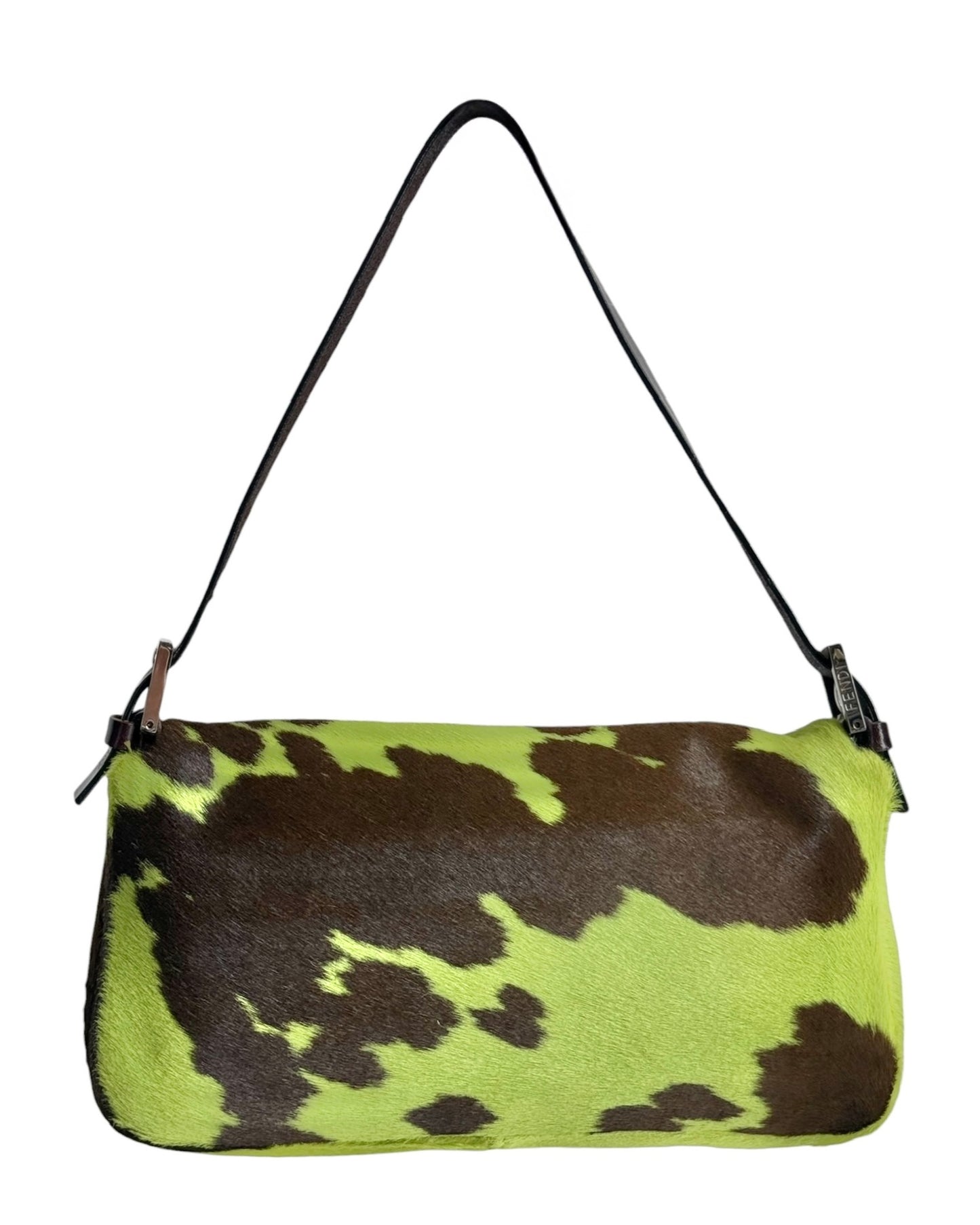 Fendi Vintage Green Cow Print Pony Hair Shoulder Baguette Bag