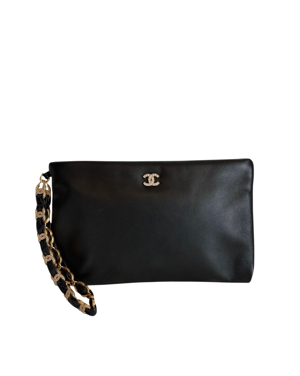 Chanel 2024 Black Lambskin Wristlet Evening Clutch with Rhinestone Crystal CC Logos