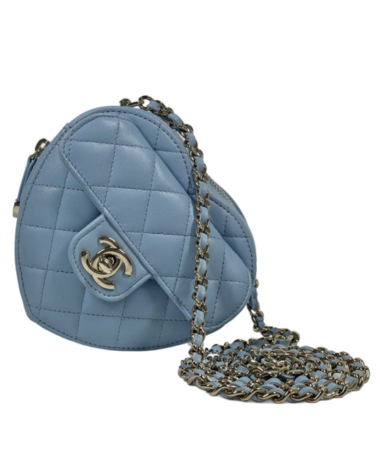 Chanel 22S Baby Blue Quilted Lambskin Small Heart Bag Clutch with on Chain