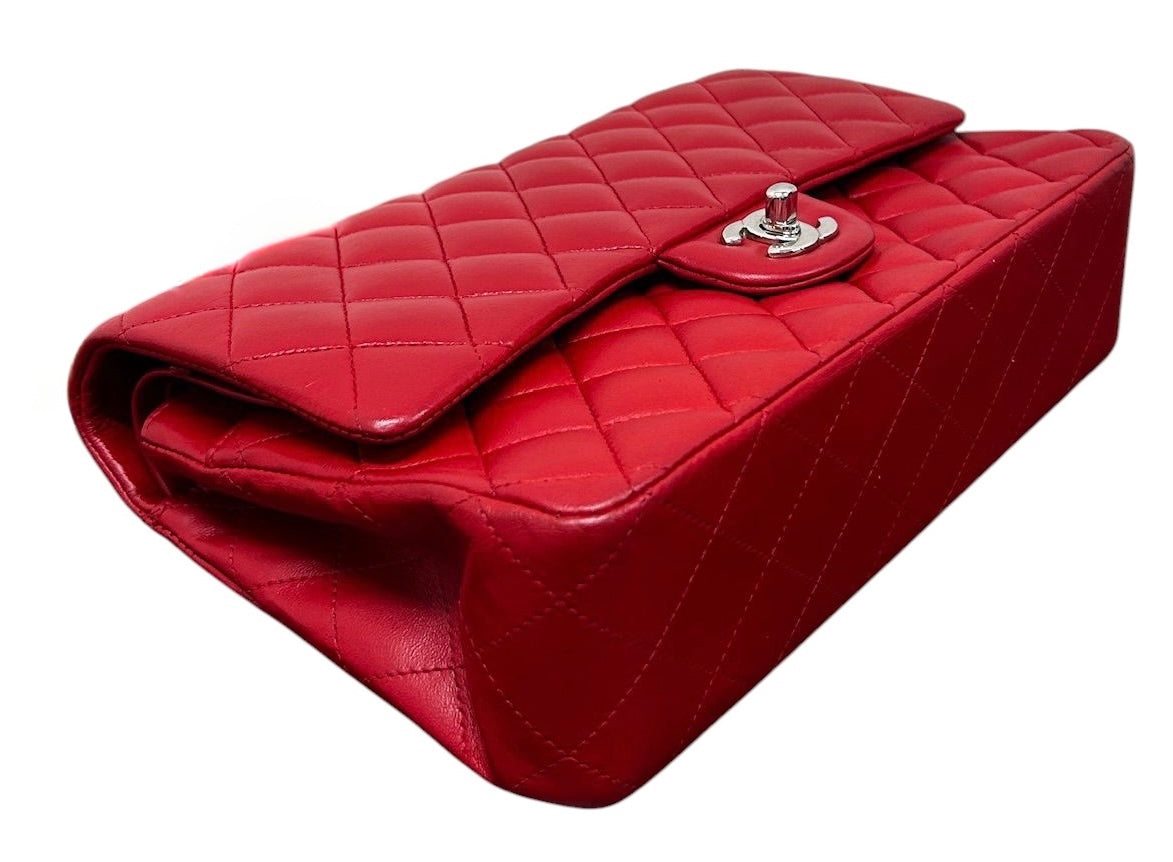 Chanel Red Quilted Lambskin Medium Classic Double Flap Bag with Silver Hardware