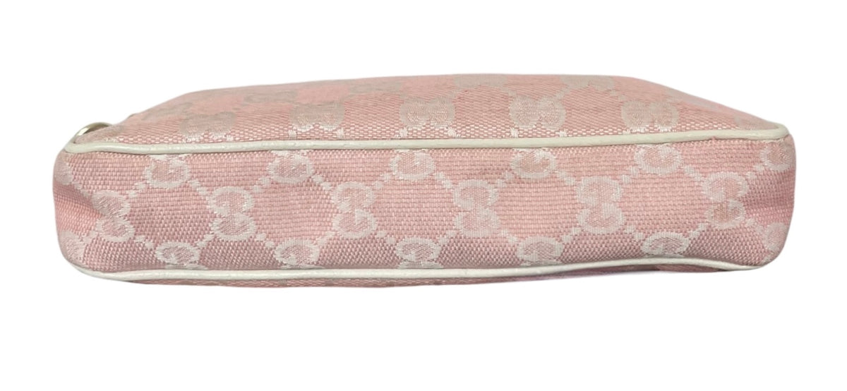 Gucci Vintage Pink GG Monogram White Leather Trim Mini Charmy Shoulder Pochette Bag