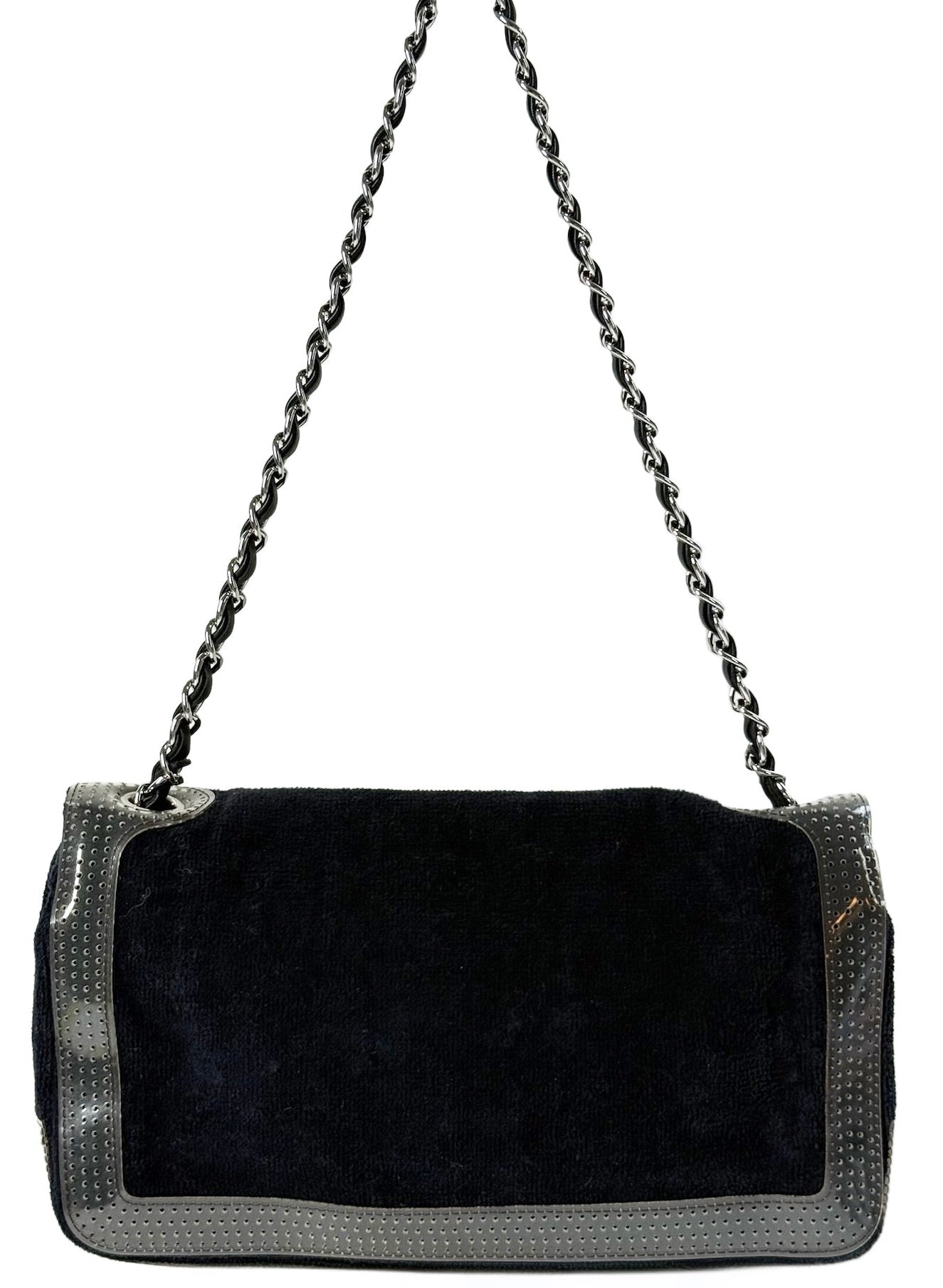 Chanel Vintage Black Terry Cloth PVC CC Sport Line Chain Shoulder Flap Bag