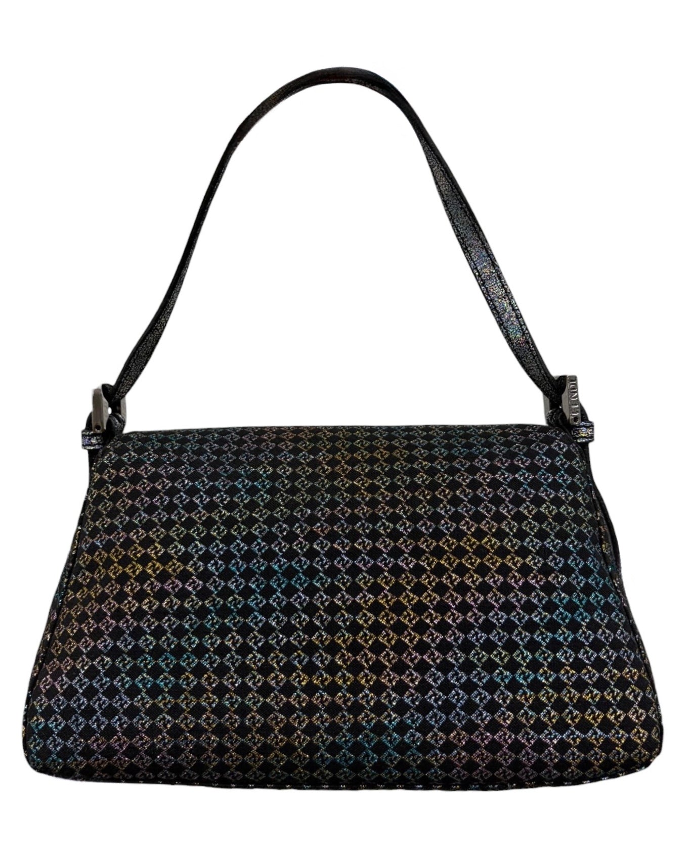 Fendi Vintage Black Iridescent Micro Zucchino Zucca Monogram Mini Mamma Shoulder Baguette Bag