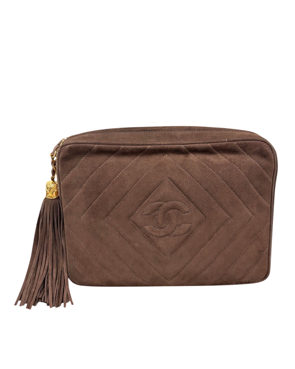 Chanel Vintage 90s Brown Suede Diamond Quilted Camera Bag with Tassel with 24K GPHW