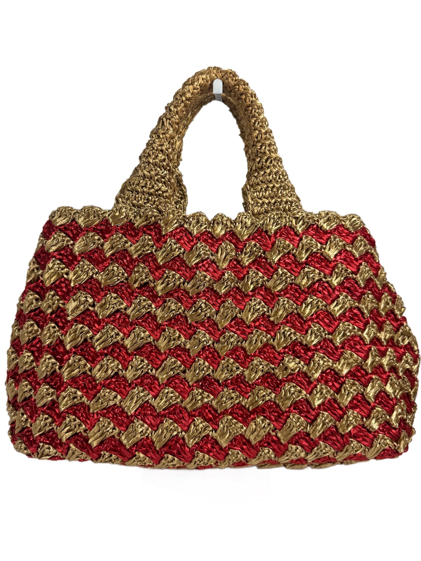 Prada 2012 Red & Brown Crochet Raffia Medium Canapa Tote Bag
