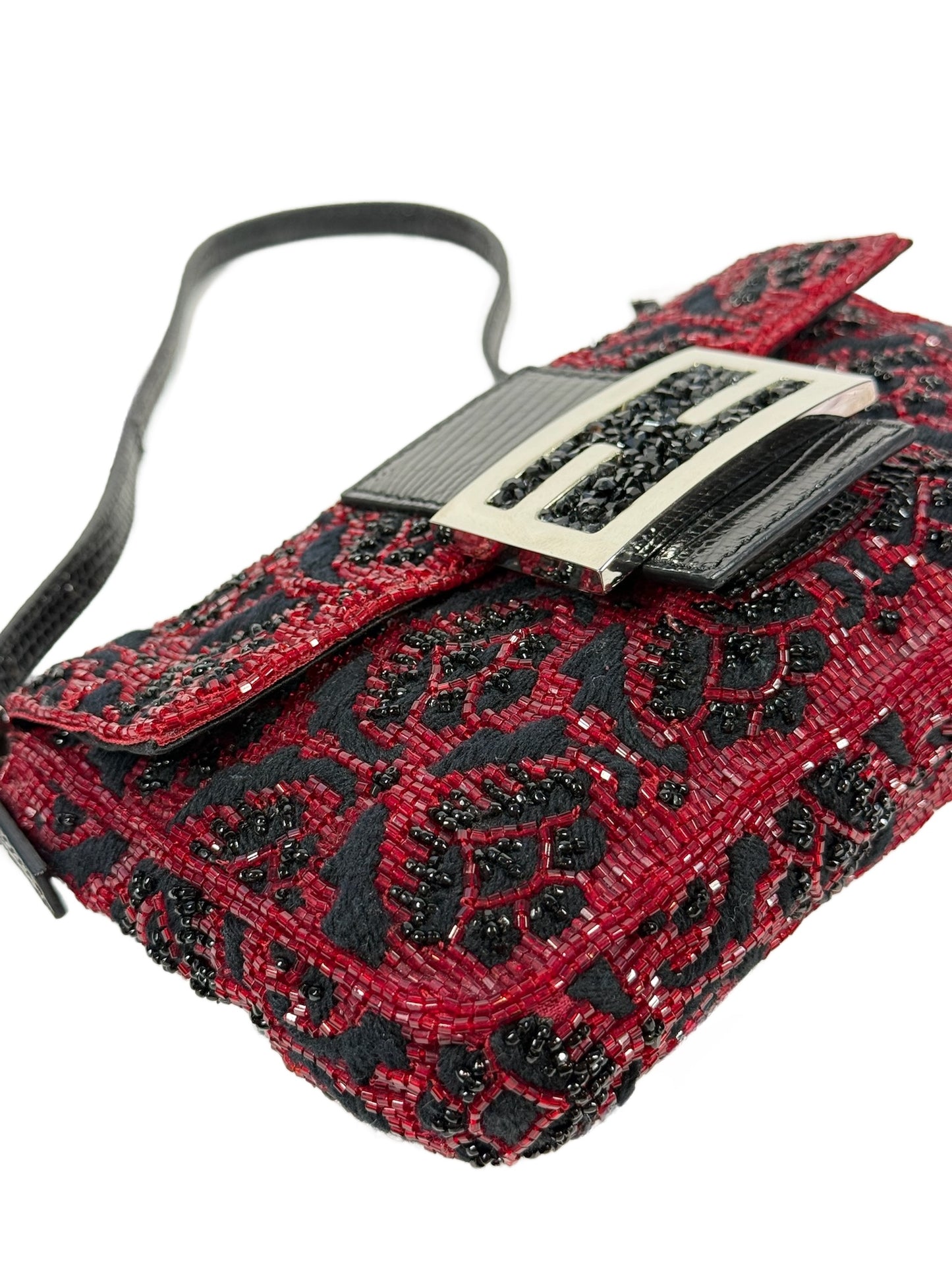Fendi Vintage Red & Black Beaded Lizard Trim Crystal Embellished Mini Baguette Bag