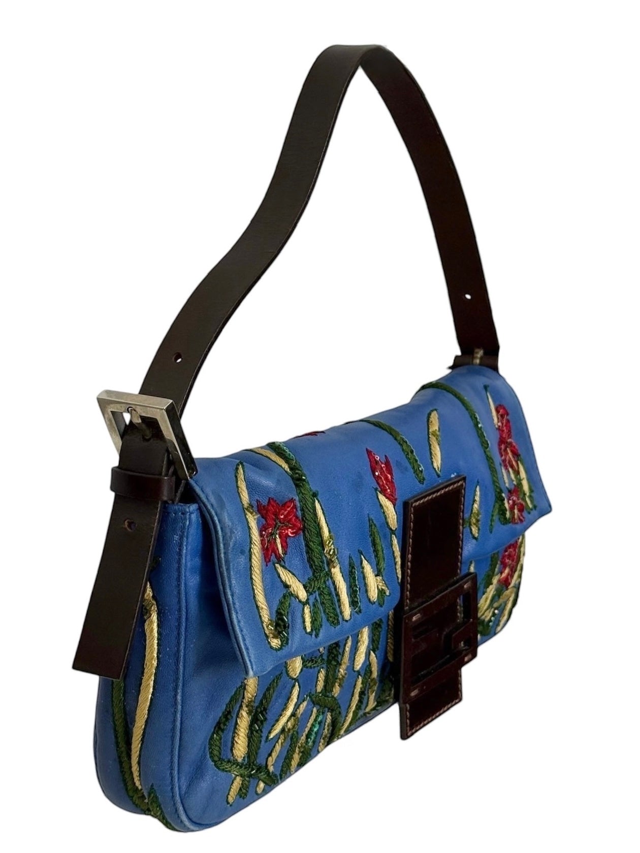 Fendi Vintage Blue Lambskin Floral Embroirdered Beaded Sequin Shoulder Baguette Bag 
