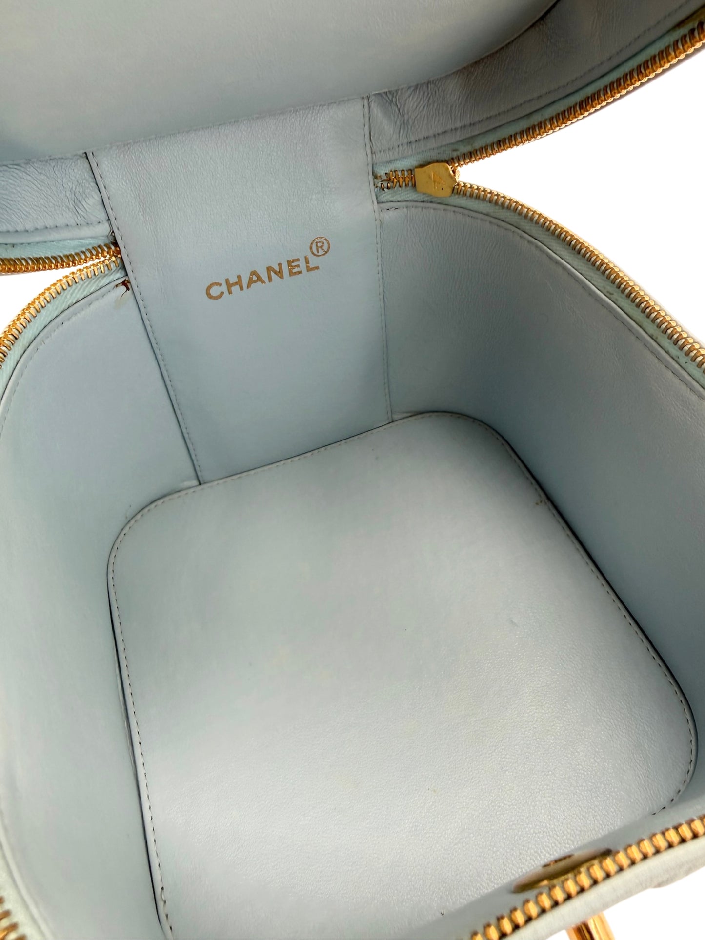 Chanel Vintage 90s Baby Blue Quilted Lambskin Top Handle Vanity Bag w 24K GPHW