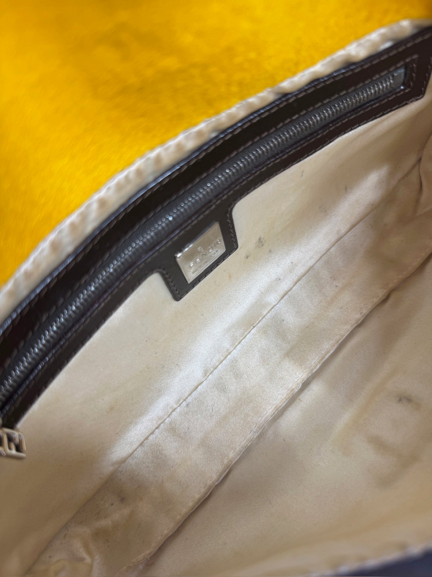 Fendi Vintage Yellow & Brown Cow Print Pony Hair Shoulder Baguette Bag