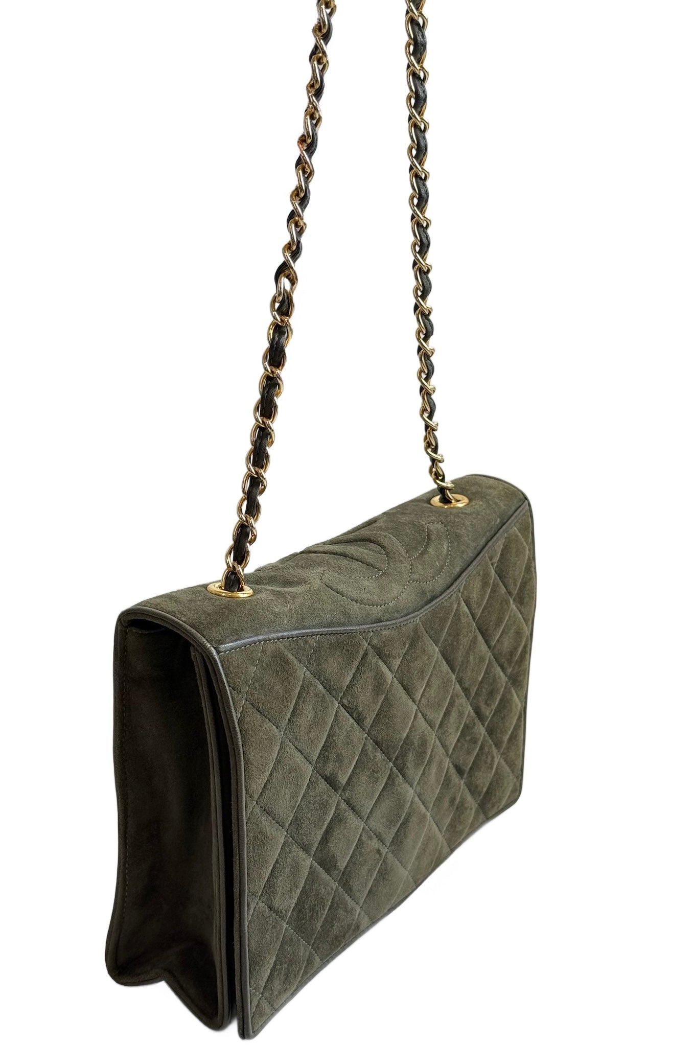 Chanel Vintage Green Quilted Quilted Suede CC Logo Full Flap Shoulder Bag w 24K GPHW