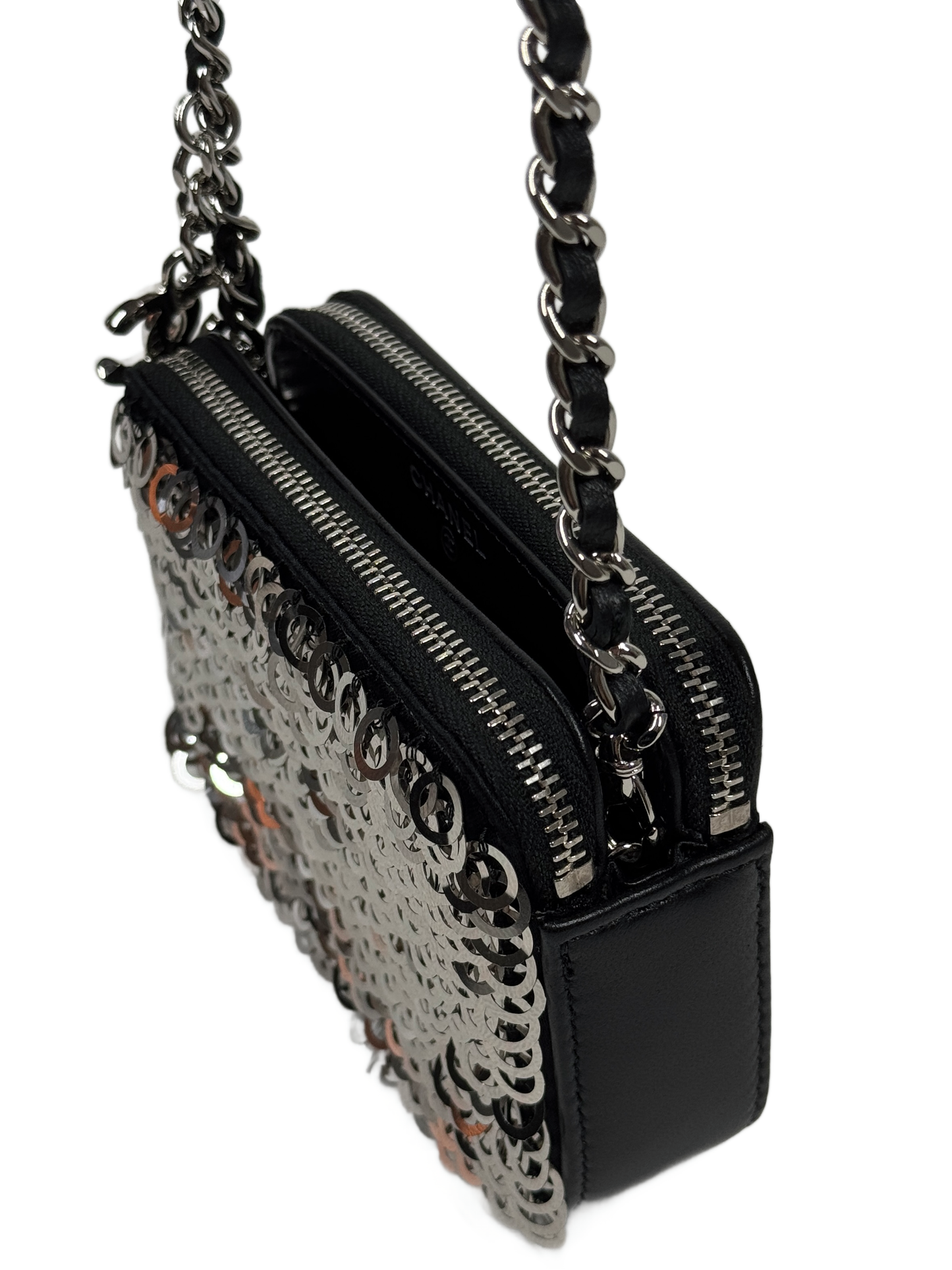 Chanel Silver Sequin & Black Leather Mini Double Zip Chain Shoulder & Crossbody Bag