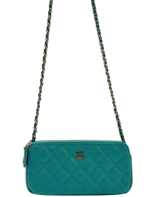Chanel 2016 Turquoise Green Quilted Caviar Double Zip Wallet on Chain Bag