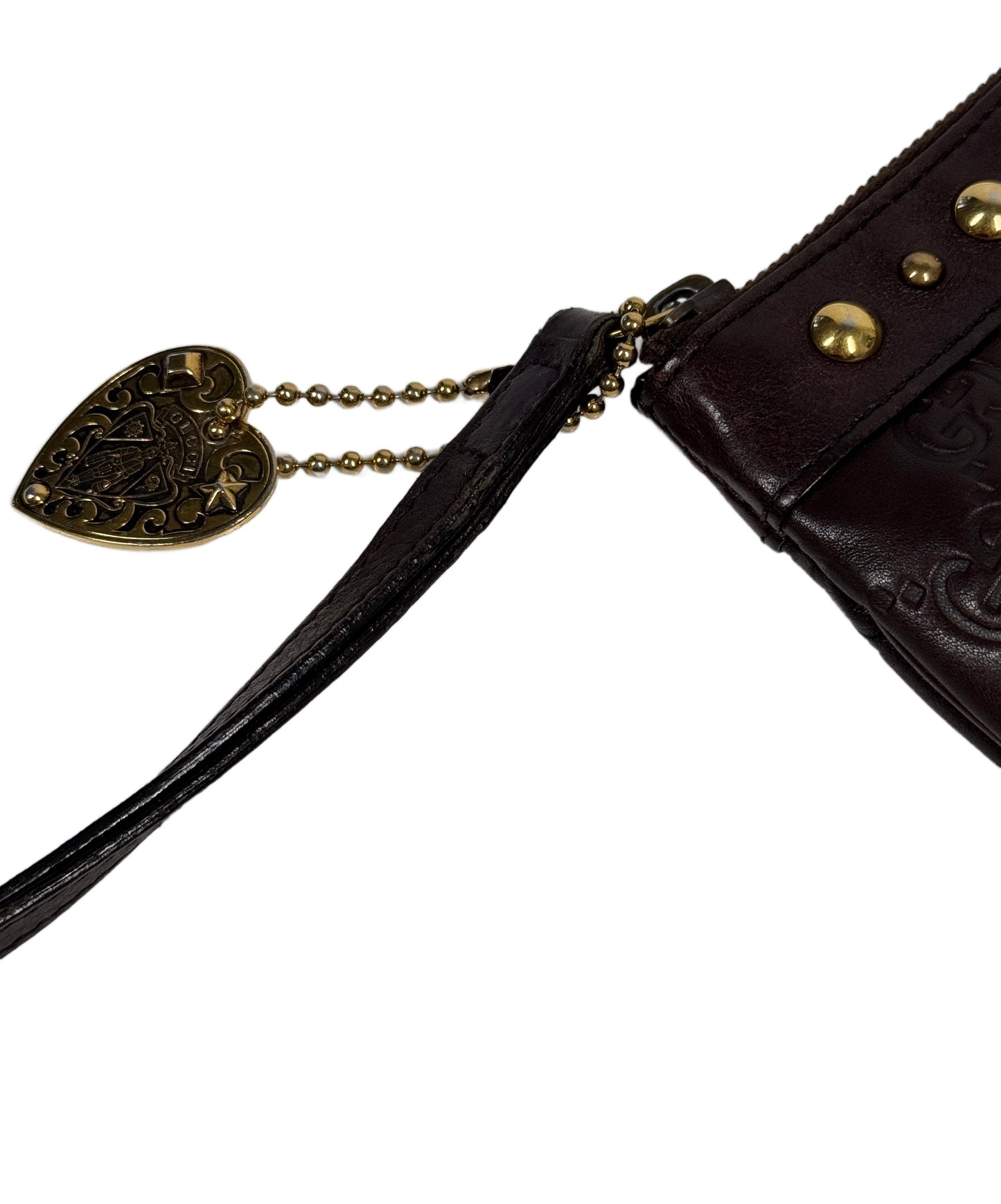 Gucci Vintage Brown Embossed GG Guccissima Monogram Leather Babouska Wristlet Clutch w Heart Charm