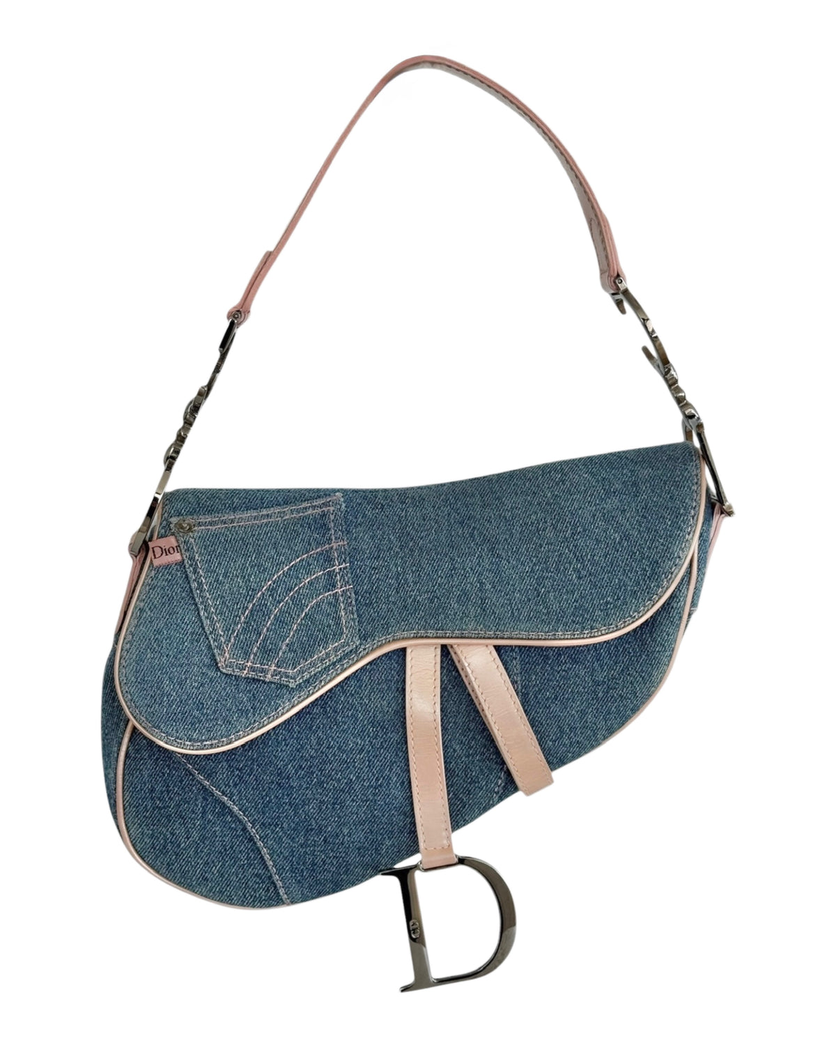 Dior Vintage 2002 Light Blue Denim Pink Patent Trim Jeans Saddle Bag