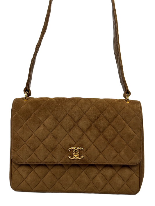 Chanel Vintage 90s Light Brown Quilted Suede Quilted Medium Classic Flap Shoulder Crossbody Bag w 24K Gold Plated Hardware 