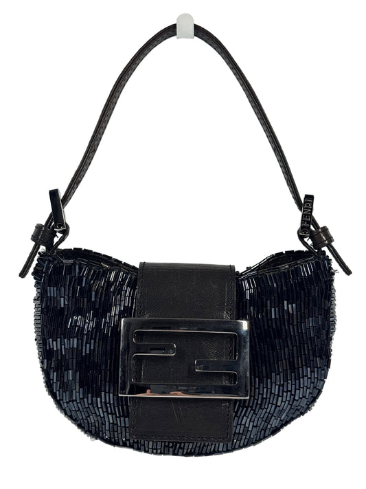 Fendi Vintage Iridescent Black Beaded Mini Croissant Baguette Bag