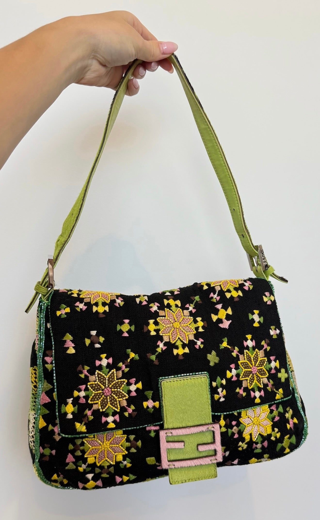 Fendi Vintage Black Knit Beaded Embroidered Aztec Print Mamma Baguette Shoulder Bag with Green Cow Print Pony Hair Trim