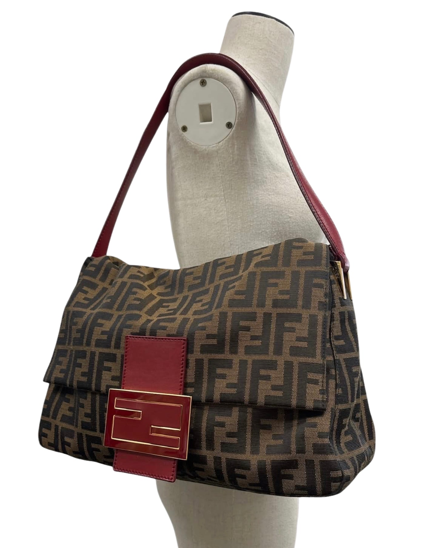 Fendi Vintage Brown Zucca Monogram Canvas Red Leather Trim XL Jumbo Mamma Baguette Shoulder Bag