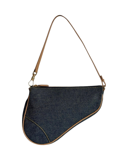 Dior Vintage 2001 Blue Denim Mini Saddle Shoulder Pochette Bag