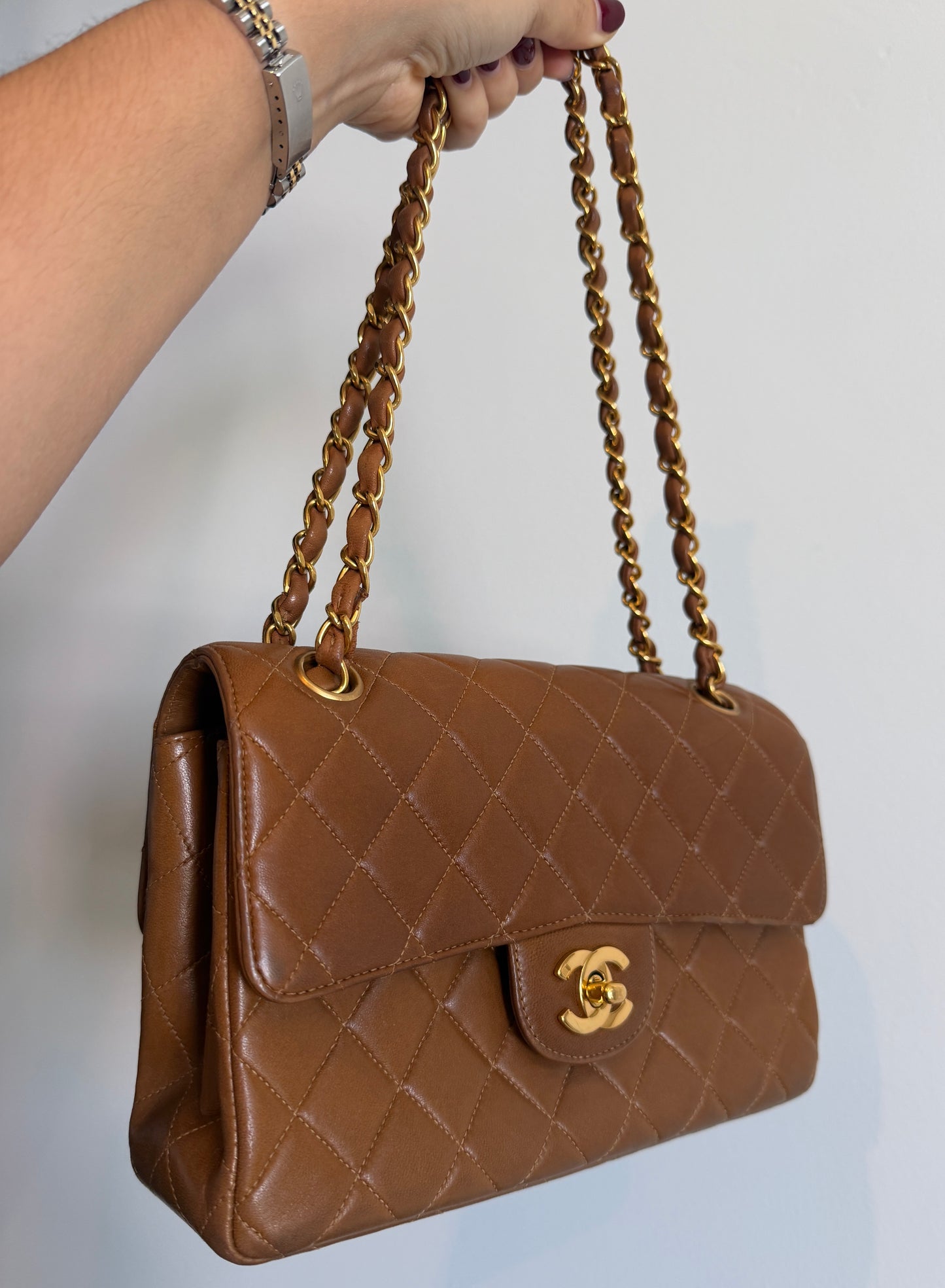 Chanel Vintage 90s Light Brown Quilted Lambskin Small Two-Faced Double Sided Classic Flap Bag with 24K Gold Plated Hardware 