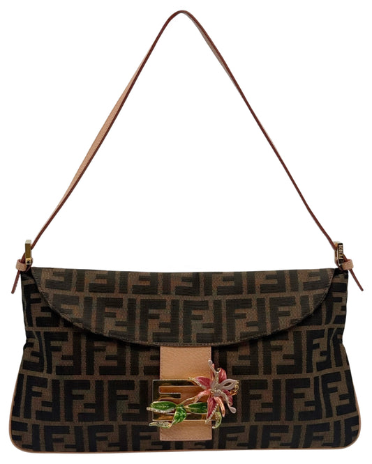 Fendi Vintage Brown Zucca Monogram Coral Pink Leather Trim Crystal Enamel Floral Clasp Double Flap Shoulder Baguette Bag