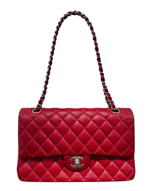 Chanel Red Quilted Lambskin Medium Classic Double Flap Bag with Silver Hardware