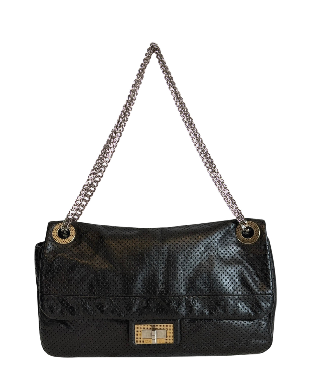 Chanel Vintage 2008-2009 Black Perforated Calfskin Medium Single Reissue Flap Bag with Mixed Metal Hardware