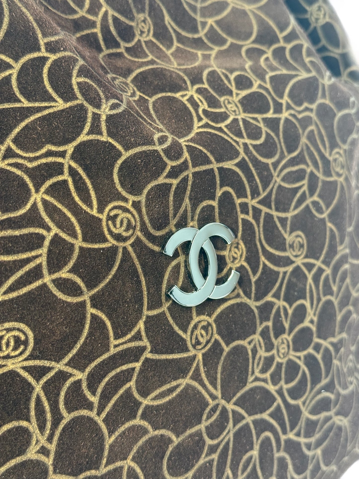Chanel Vintage 00s Brown Suede Camellia Embossed Hobo