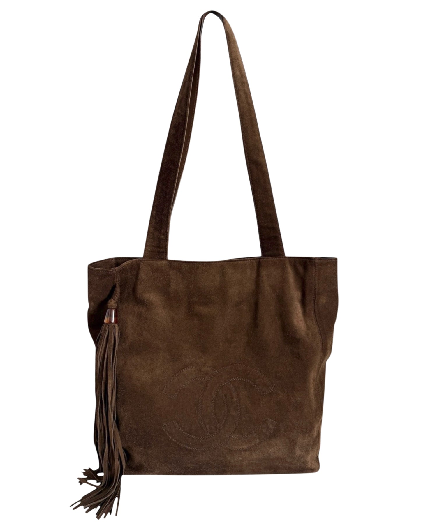 Chanel Vintage 90s Brown Suede Tassel Shoulder Tote Bag