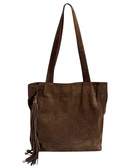 Chanel Vintage 90s Brown Suede Tassel Shoulder Tote Bag
