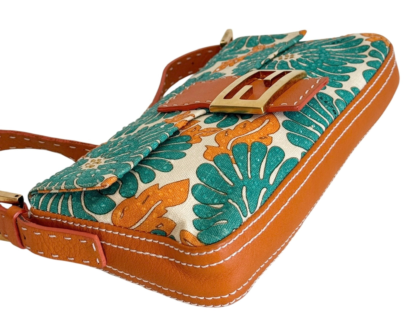 Fendi Vintage Turquoise & Orange Crystal Floral Selleria Leather Trim Shoulder Baguette Bag
