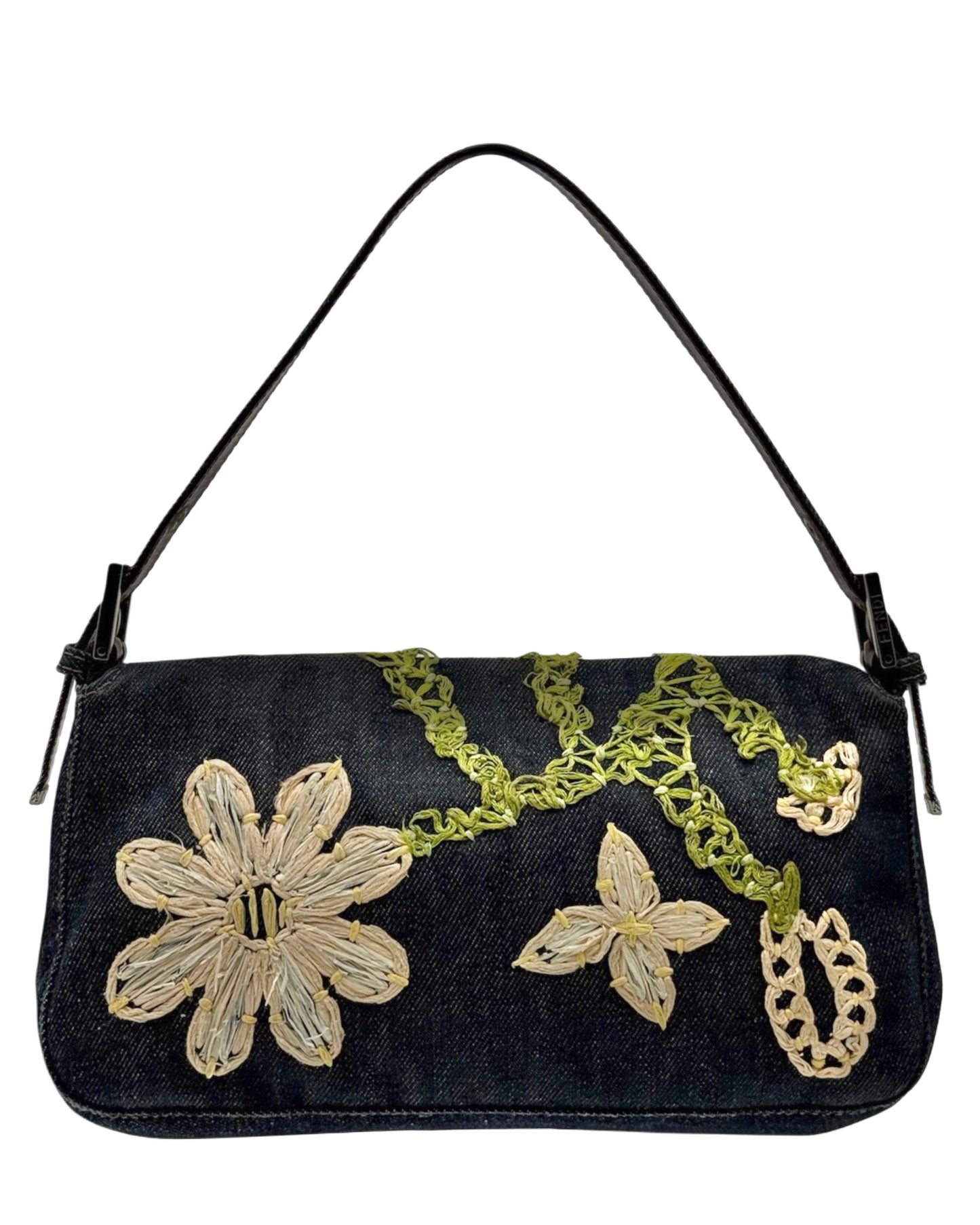 Fendi Vintage Blue Denim Tulle Floral Embroidered Shoulder Baguette Bag