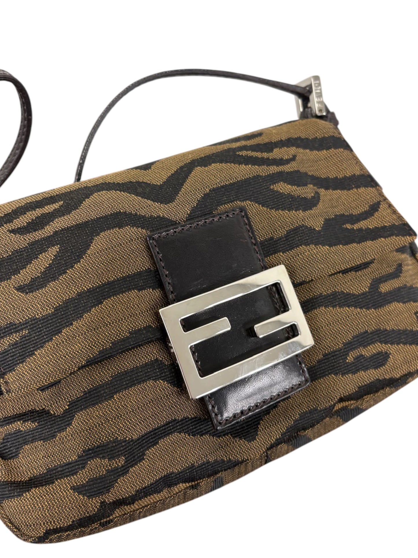 Fendi Vintage Brown & Black Zebra Print Canvas Mini Mamma Baguette Shoulder Bag