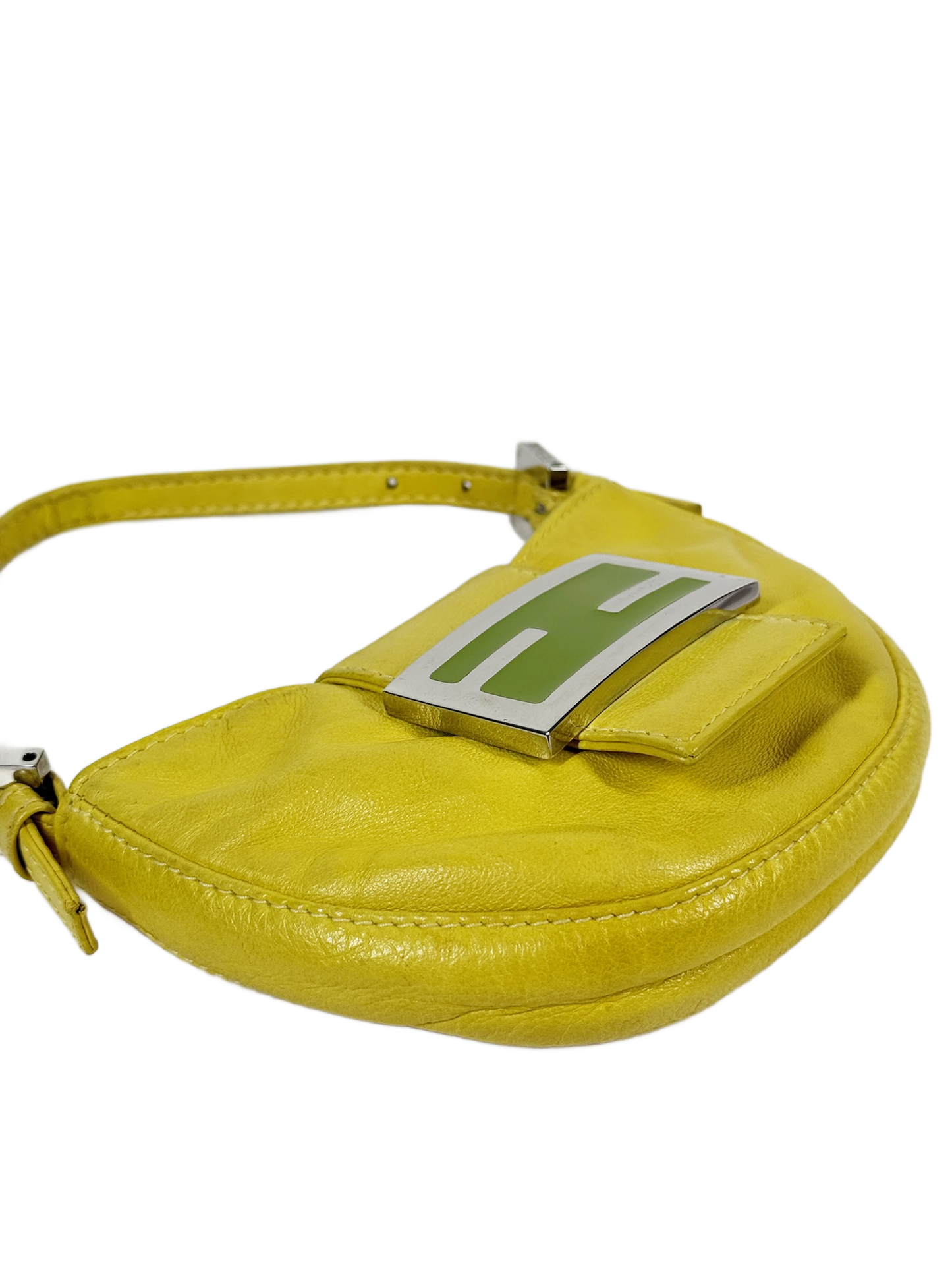 Fendi Vintage Yellow Lambskin Green Logo Mini Croissant Baguette