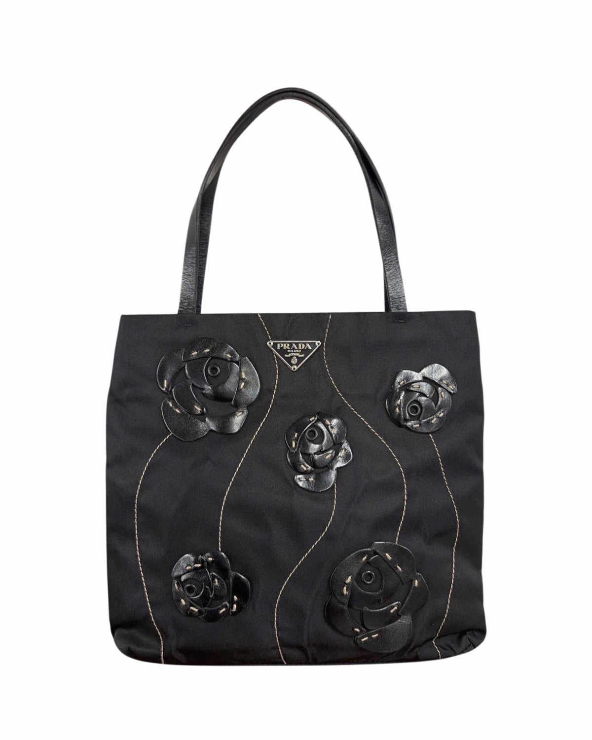 Prada Vintage Black Tessuto Nylon Leather Rosette Mini Top Handle Tote Bag