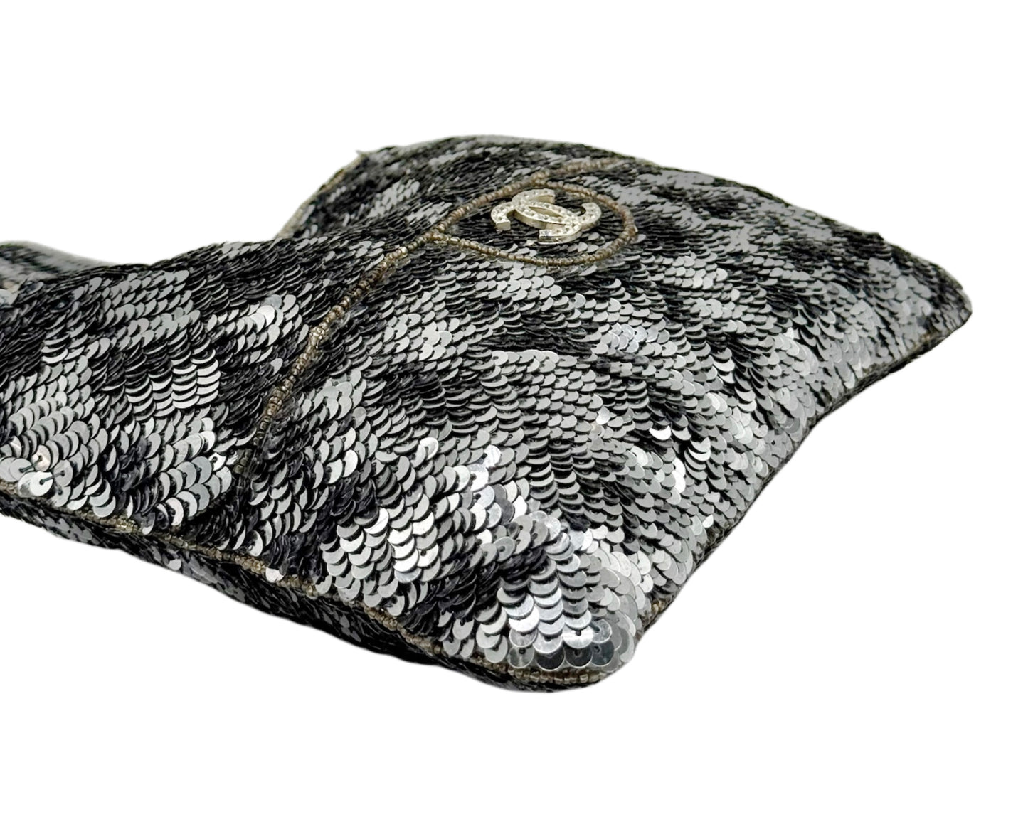 Chanel Vintage 90s Silver Sequin Beaded Crystal CC Mini Trompe L’oeil Evening Bag