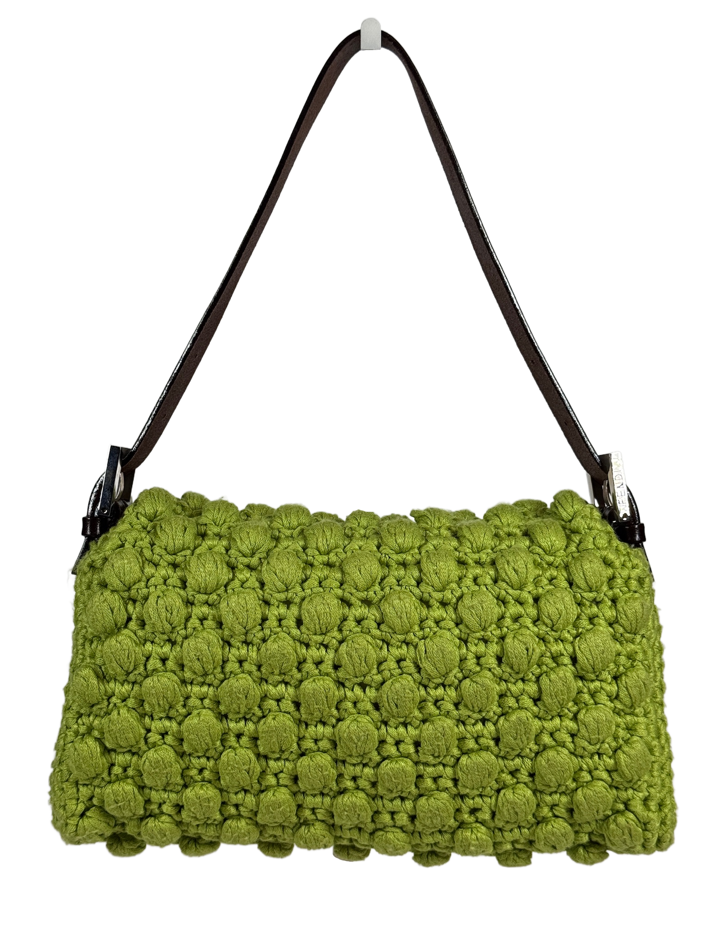 Fendi Vintage Lime Green Crochet Knit Shoulder Baguette Bag