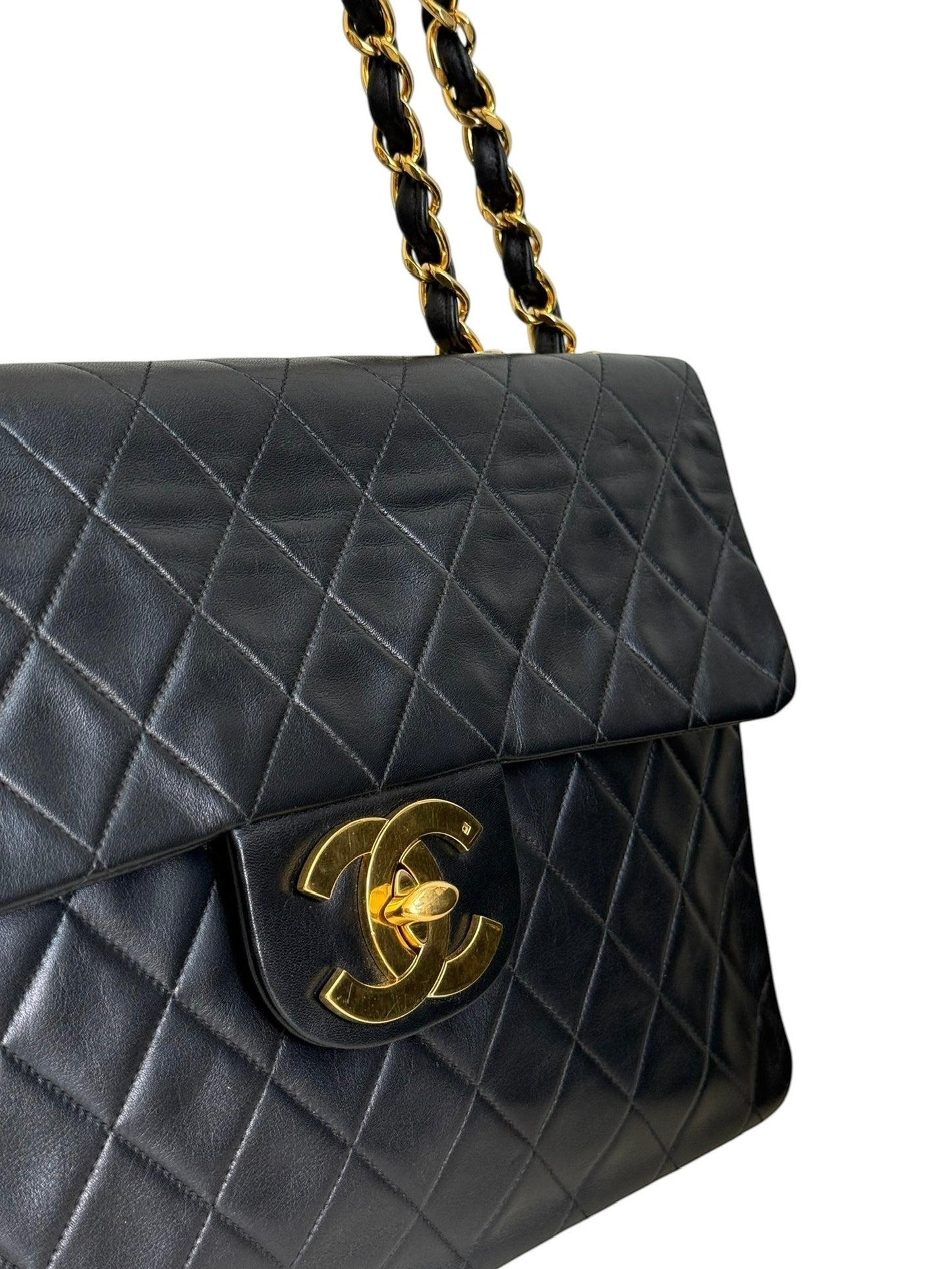 Chanel Vintage 90s Black Quilted Lambskin Maxi Classic Single Flap Bag with 24K GPHW