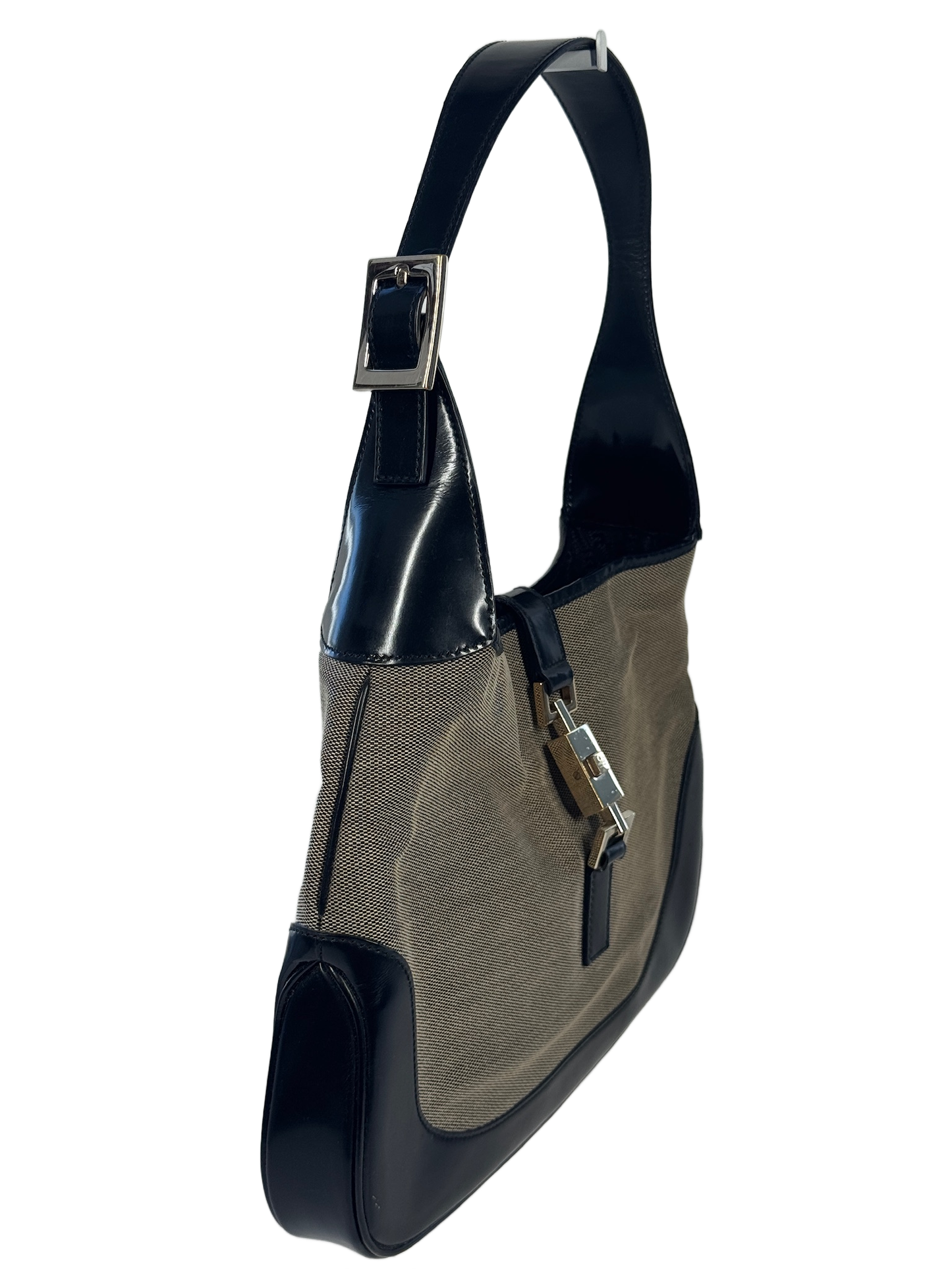 Gucci Vintage Medium Jackie O Beige Canvas Black Patent Leather Shoulder Bag